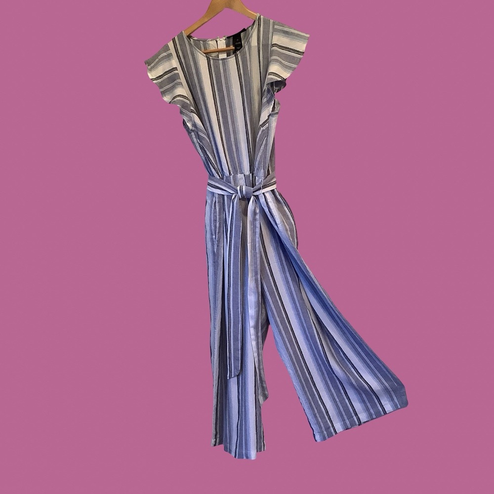 Lane Bryant One Piece Jumpsuit Blue Striped Linen Blend Wide Pant Fun Boho Sz 14